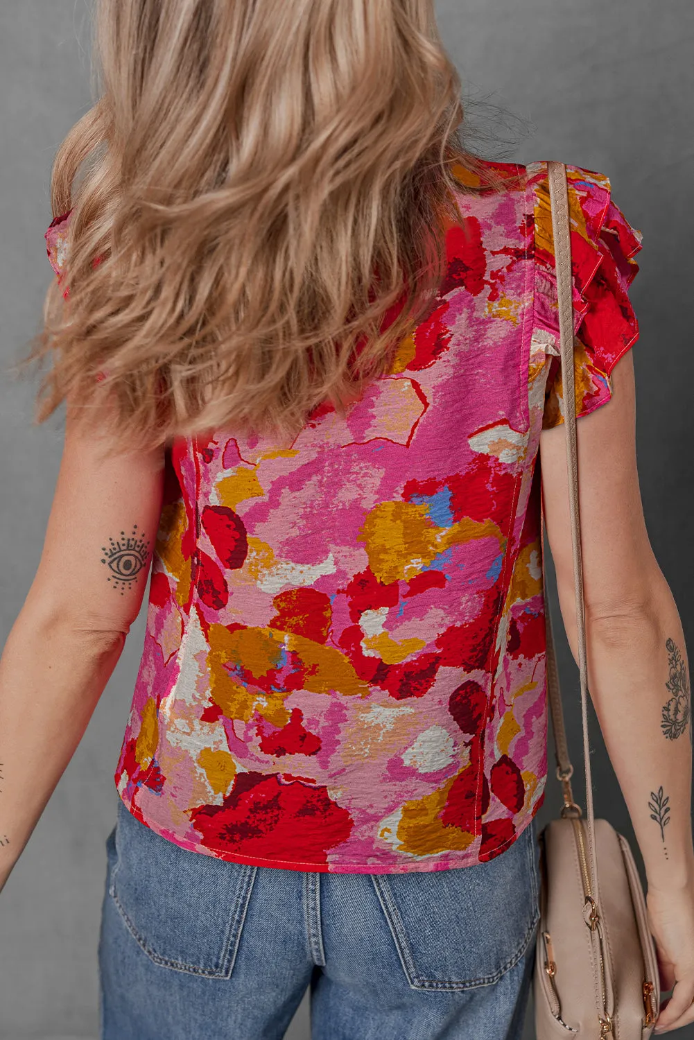 Abstract V-Neck Short Sleeve Blouse
