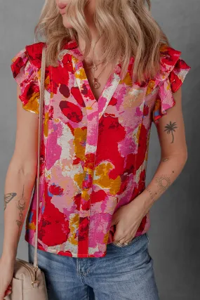 Abstract V-Neck Short Sleeve Blouse