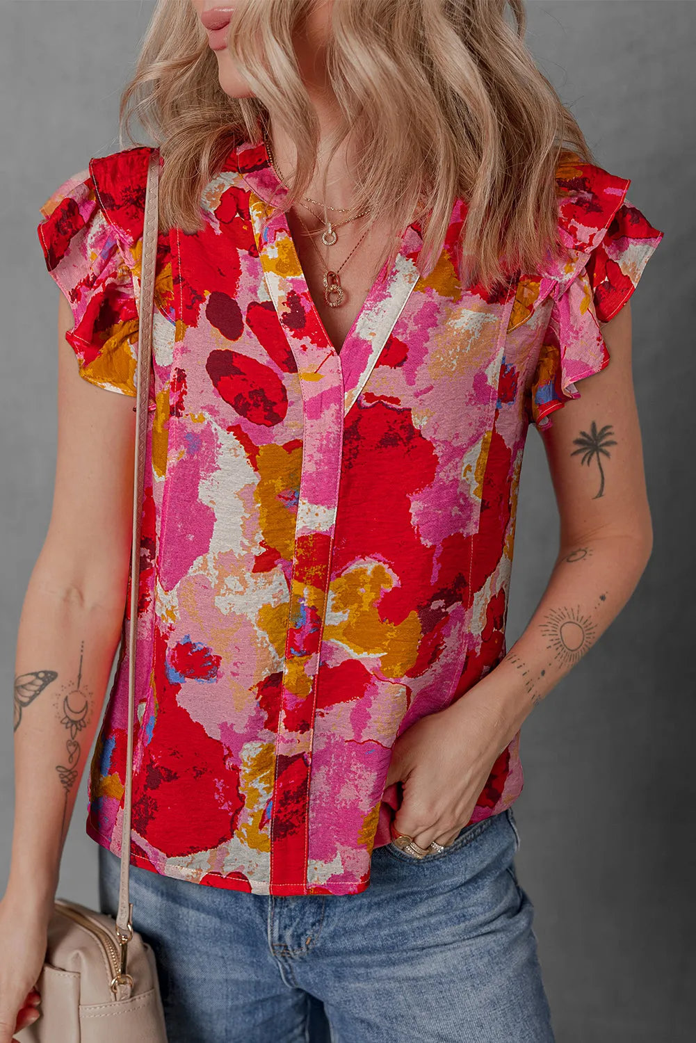 Abstract V-Neck Short Sleeve Blouse