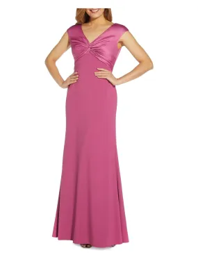 ADRIANNA PAPELL Womens Pink Zippered Twist Front Lined Tie Belt Cap Sleeve V Neck Full-Length Formal Mermaid Dress