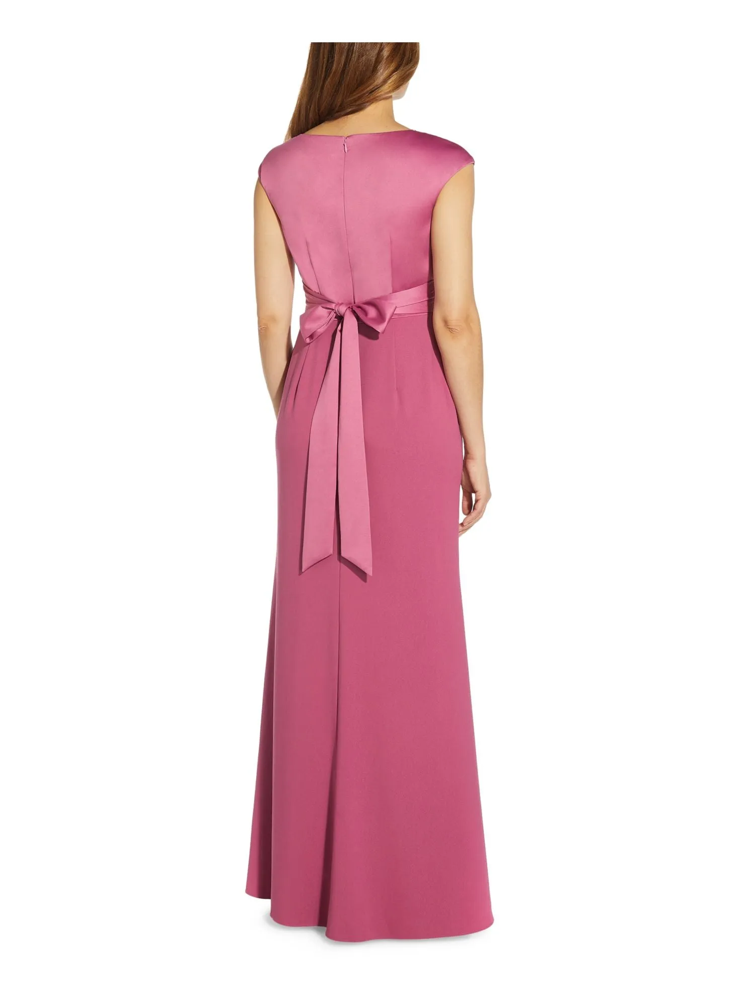 ADRIANNA PAPELL Womens Pink Zippered Twist Front Lined Tie Belt Cap Sleeve V Neck Full-Length Formal Mermaid Dress