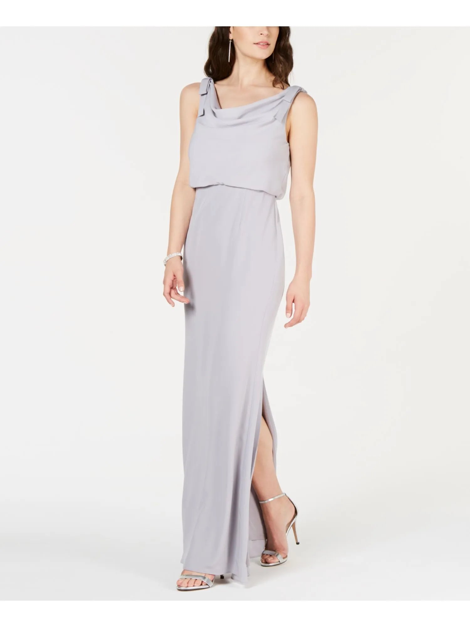 ADRIANNA PAPELL Womens Silver Slitted Sleeveless V Neck Full-Length Formal Blouson Dress