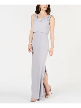 ADRIANNA PAPELL Womens Silver Slitted Sleeveless V Neck Full-Length Formal Blouson Dress