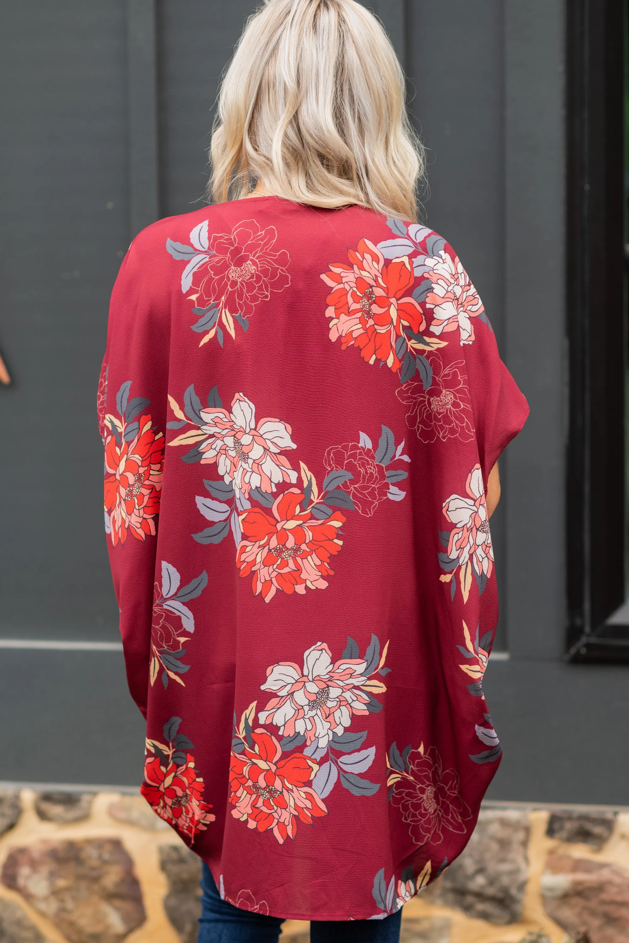 Bold Love Wine Red Floral Kimono