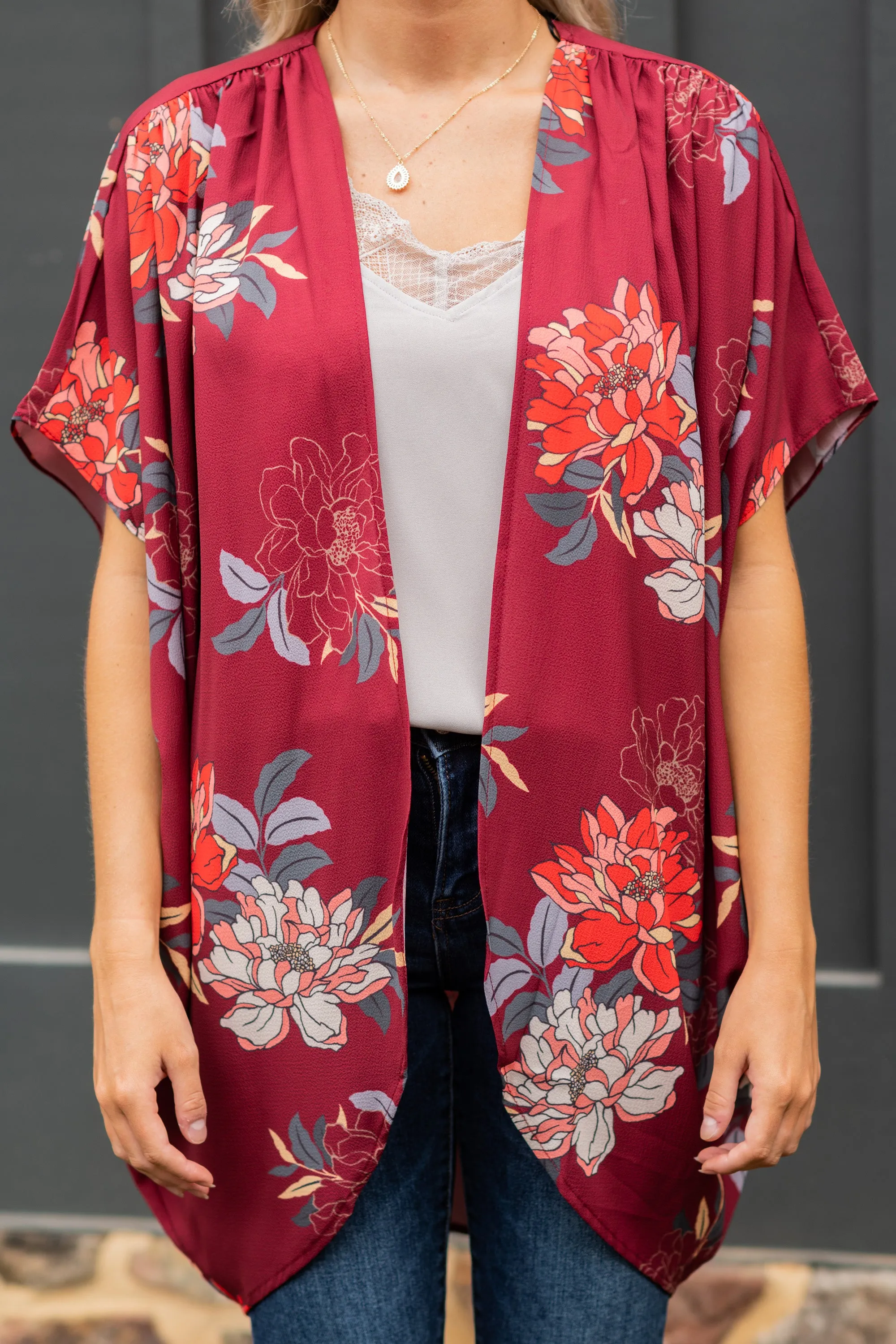 Bold Love Wine Red Floral Kimono