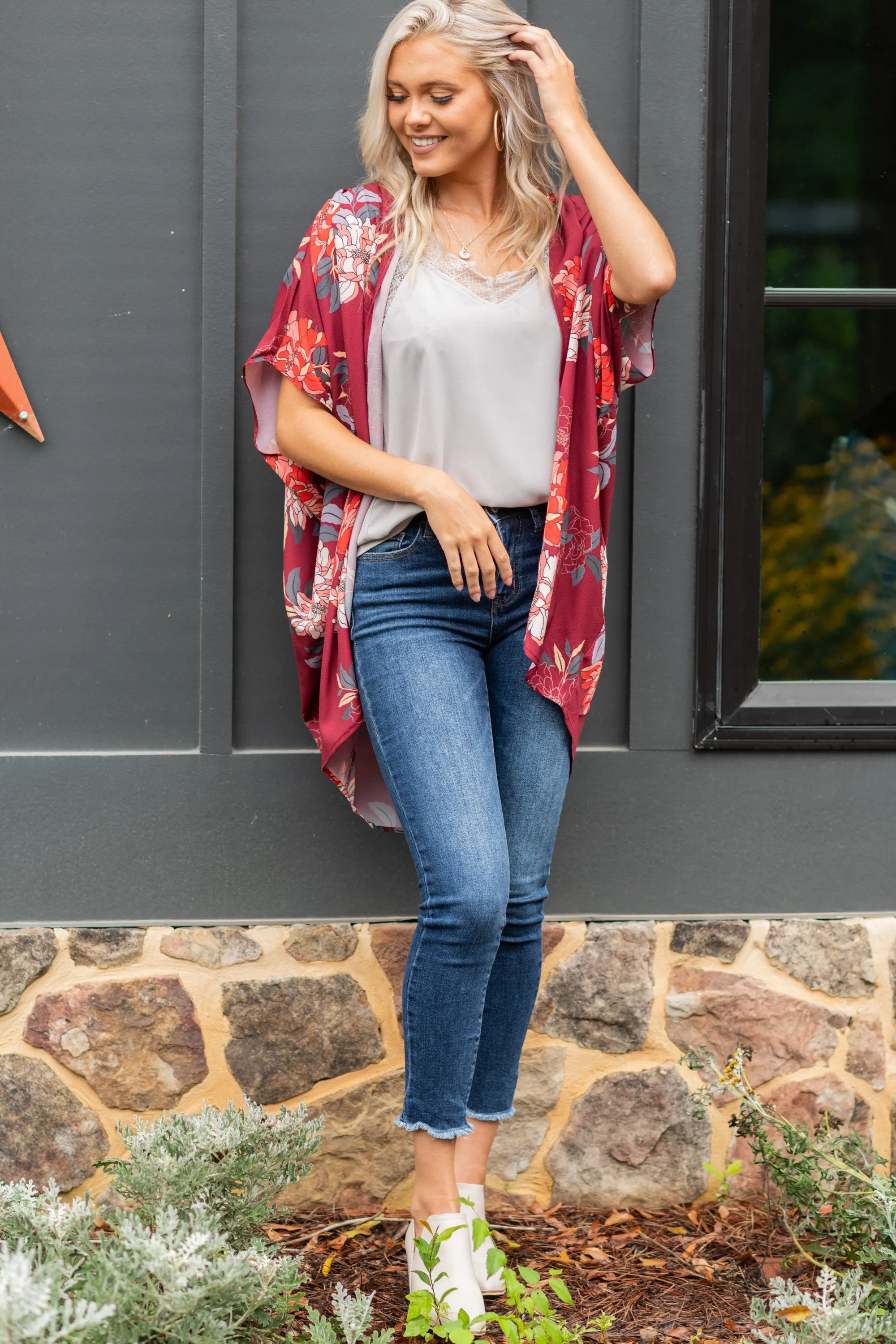 Bold Love Wine Red Floral Kimono