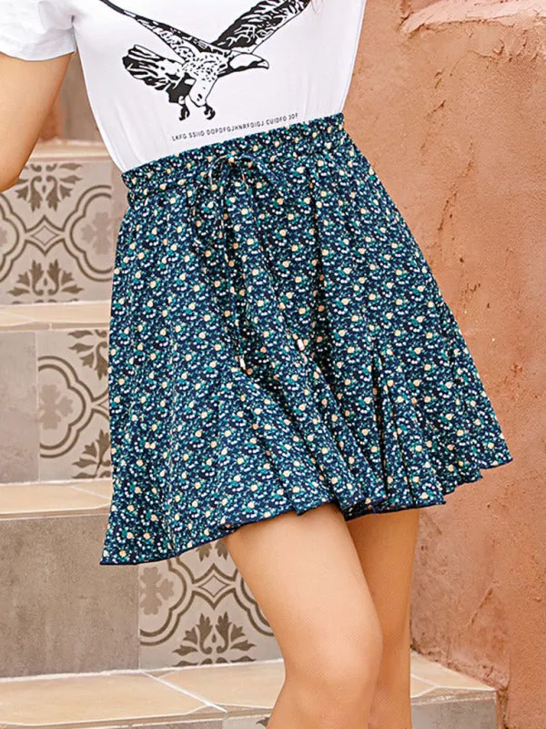Feminine Comfort: Women's Floral Ruffle Elastic Waistband Mini Skirt
