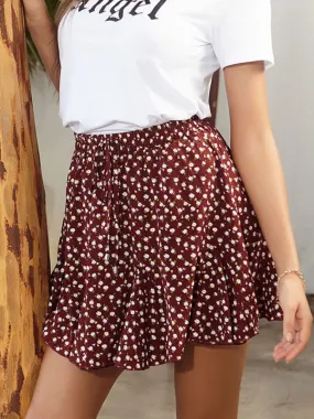 Feminine Comfort: Women's Floral Ruffle Elastic Waistband Mini Skirt