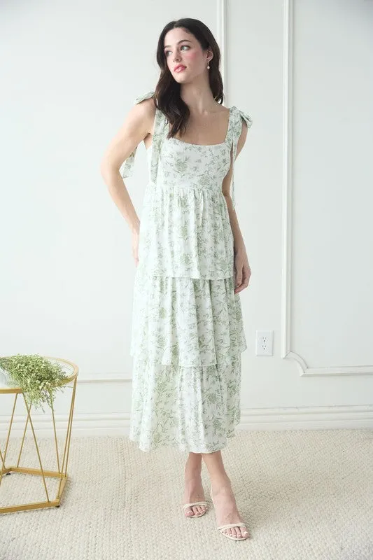 FLORAL TIE STRAP RUFFLE TIERED MIDI DRESS
