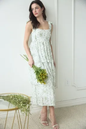 FLORAL TIE STRAP RUFFLE TIERED MIDI DRESS