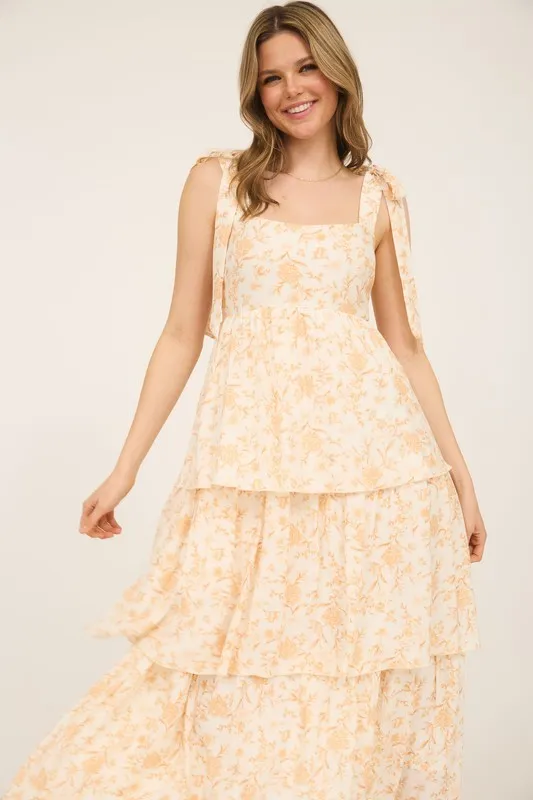 FLORAL TIE STRAP RUFFLE TIERED MIDI DRESS
