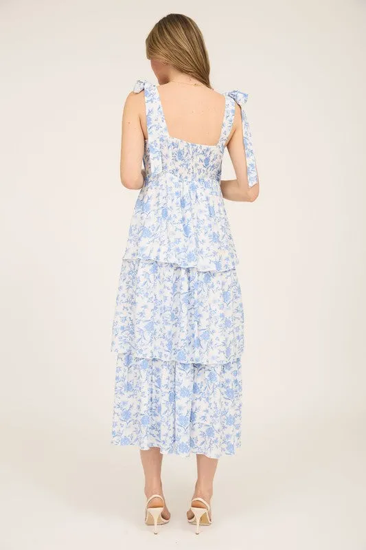 FLORAL TIE STRAP RUFFLE TIERED MIDI DRESS