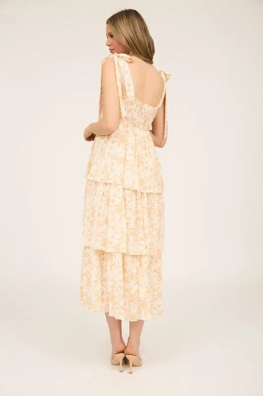 FLORAL TIE STRAP RUFFLE TIERED MIDI DRESS