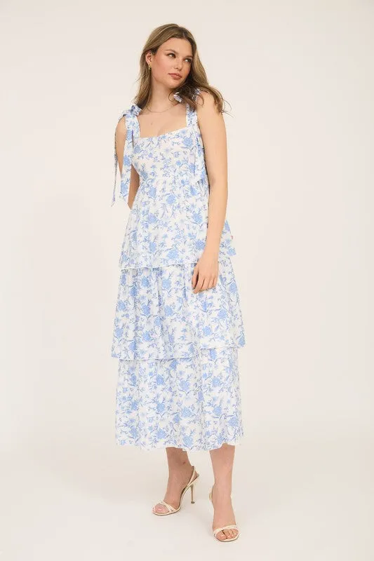FLORAL TIE STRAP RUFFLE TIERED MIDI DRESS