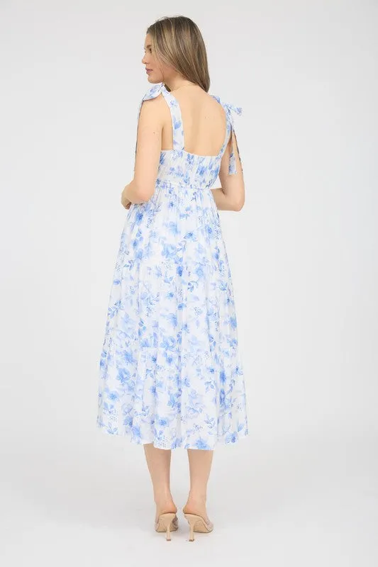 FLORAL TIE STRAP TIERED MIDI DRESS