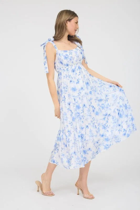 FLORAL TIE STRAP TIERED MIDI DRESS