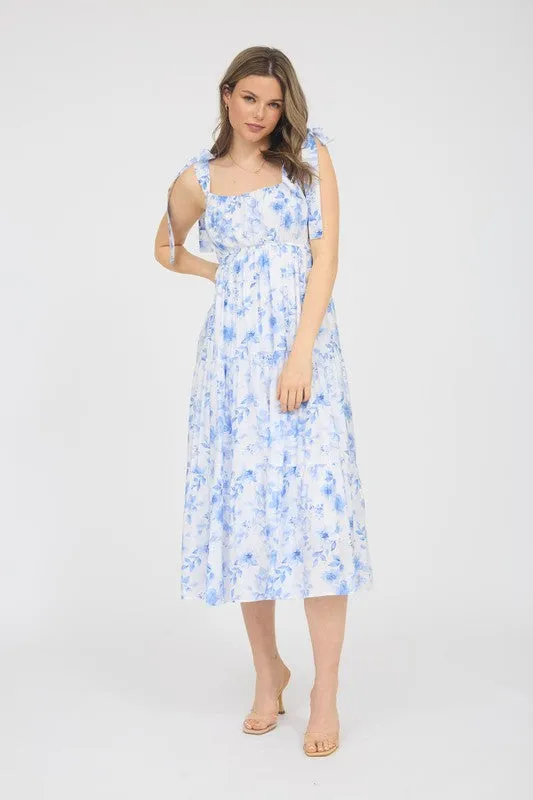 FLORAL TIE STRAP TIERED MIDI DRESS