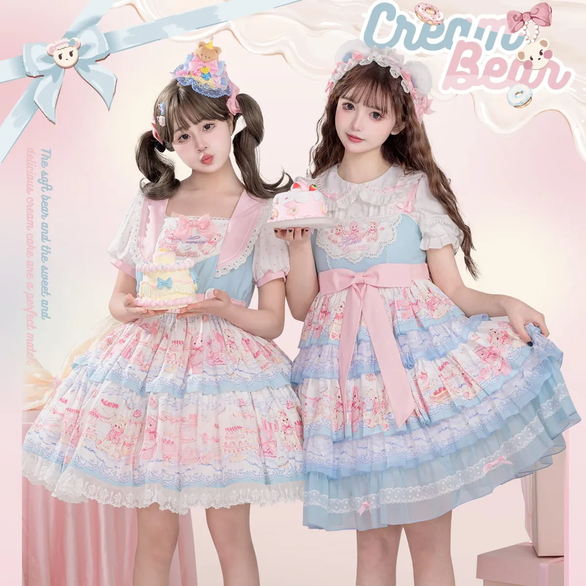 Kawaii Sweet Style Cream Bear Print Lolita Dress