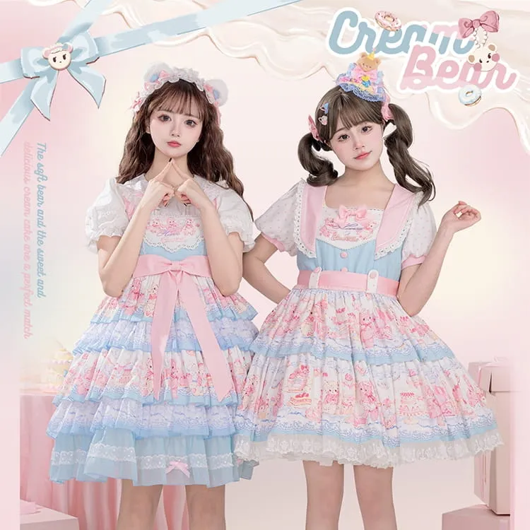 Kawaii Sweet Style Cream Bear Print Lolita Dress
