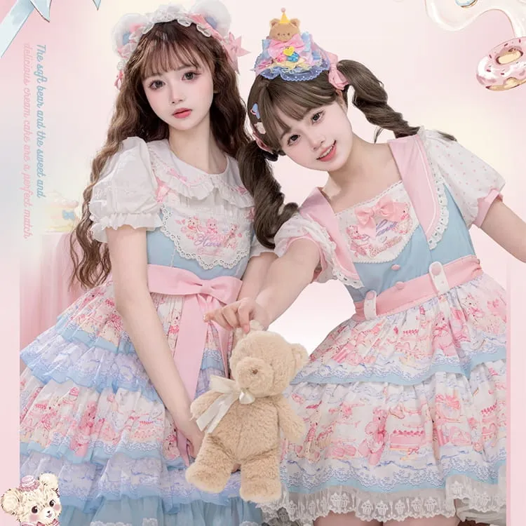 Kawaii Sweet Style Cream Bear Print Lolita Dress
