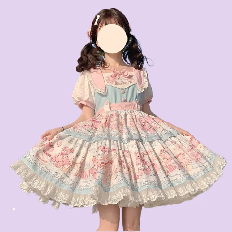 Kawaii Sweet Style Cream Bear Print Lolita Dress
