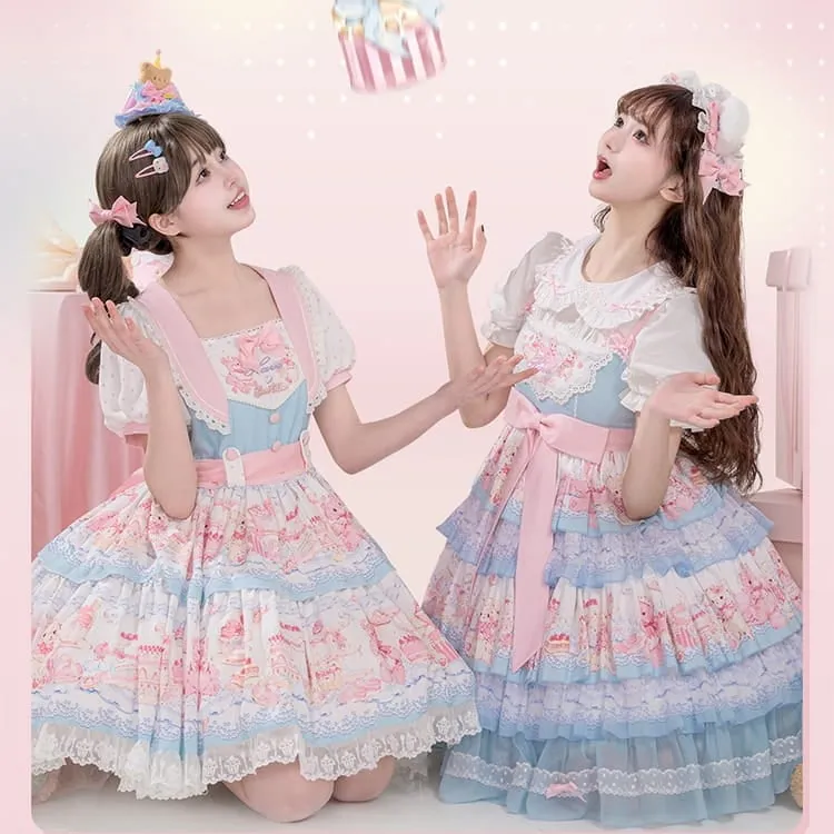 Kawaii Sweet Style Cream Bear Print Lolita Dress