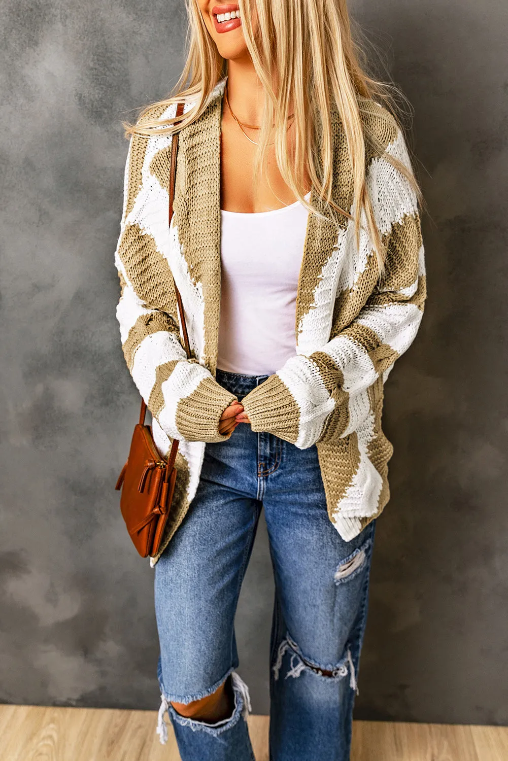 Khaki Color Block Open Front Knitted Cardigan
