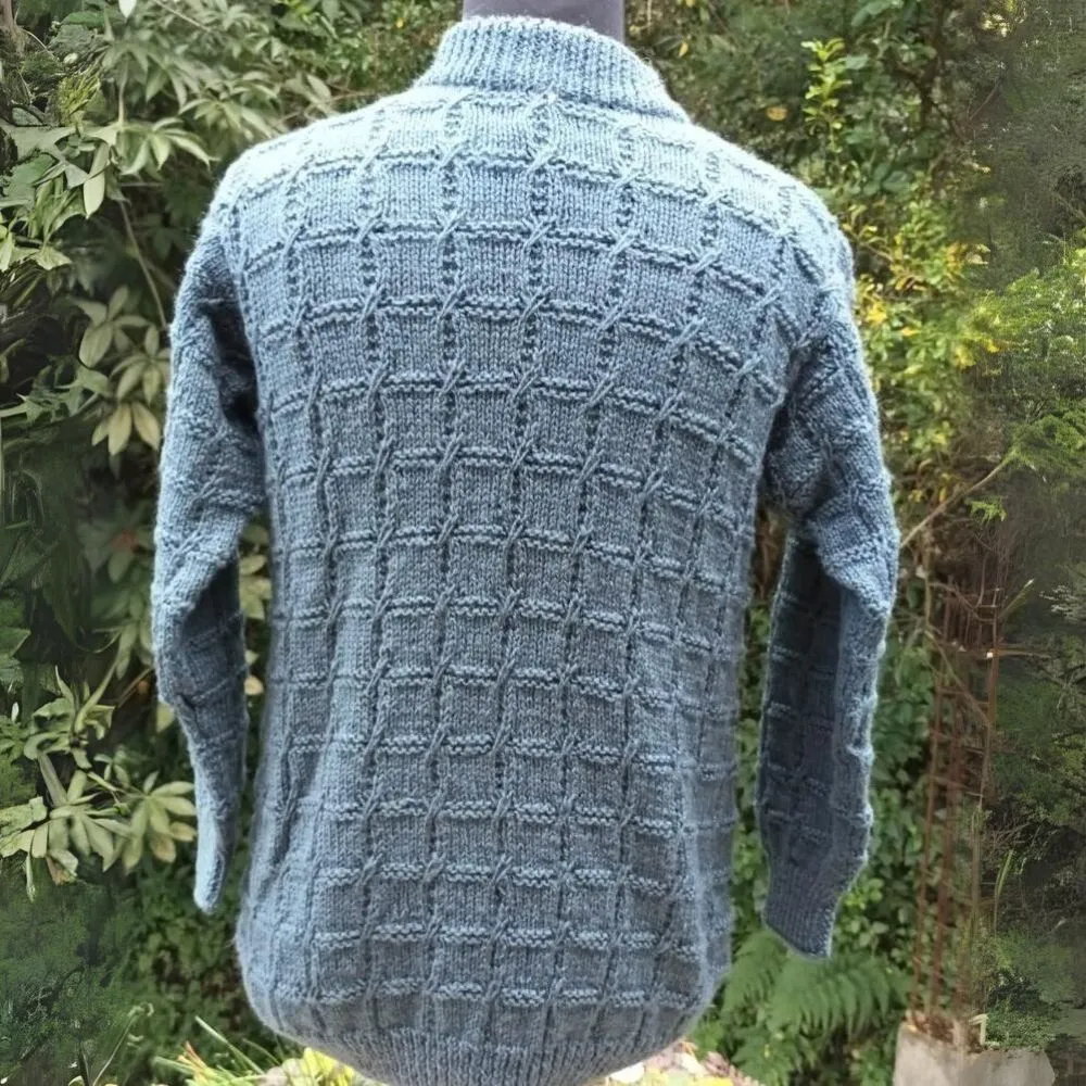 Men Sweater | Hand Knit & Woollen | Turtle Neck | Square Pattern | Steel Blue