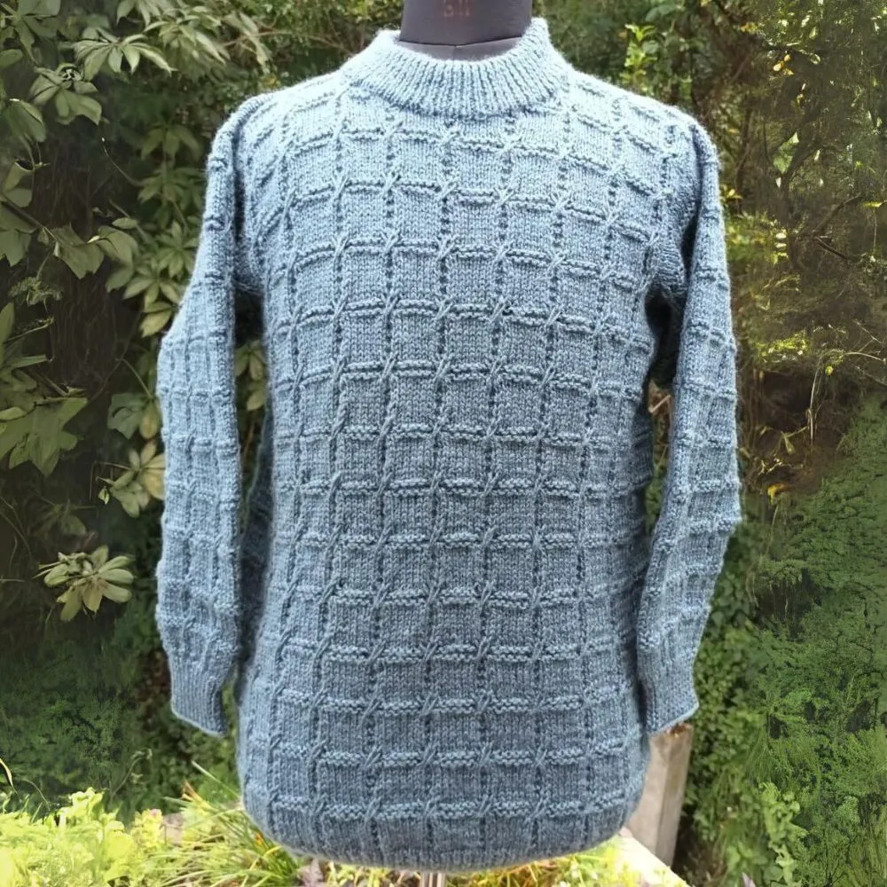 Men Sweater | Hand Knit & Woollen | Turtle Neck | Square Pattern | Steel Blue