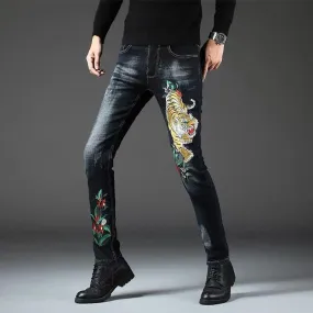 Men's Stretch Slim Fit Tiger Embroidery Jeans