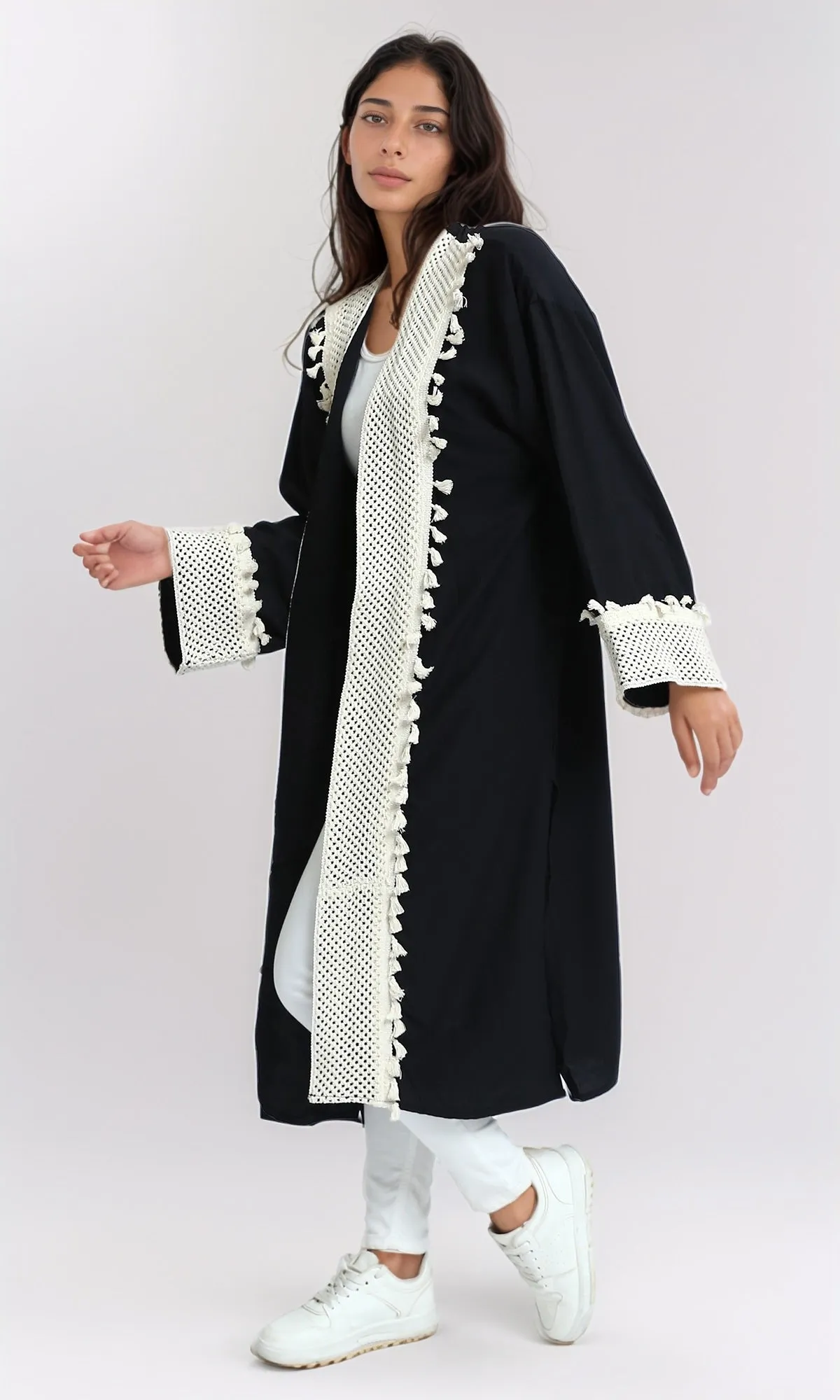 O198046 - Long Sleeves Crochet Feminine Cardigan - Black