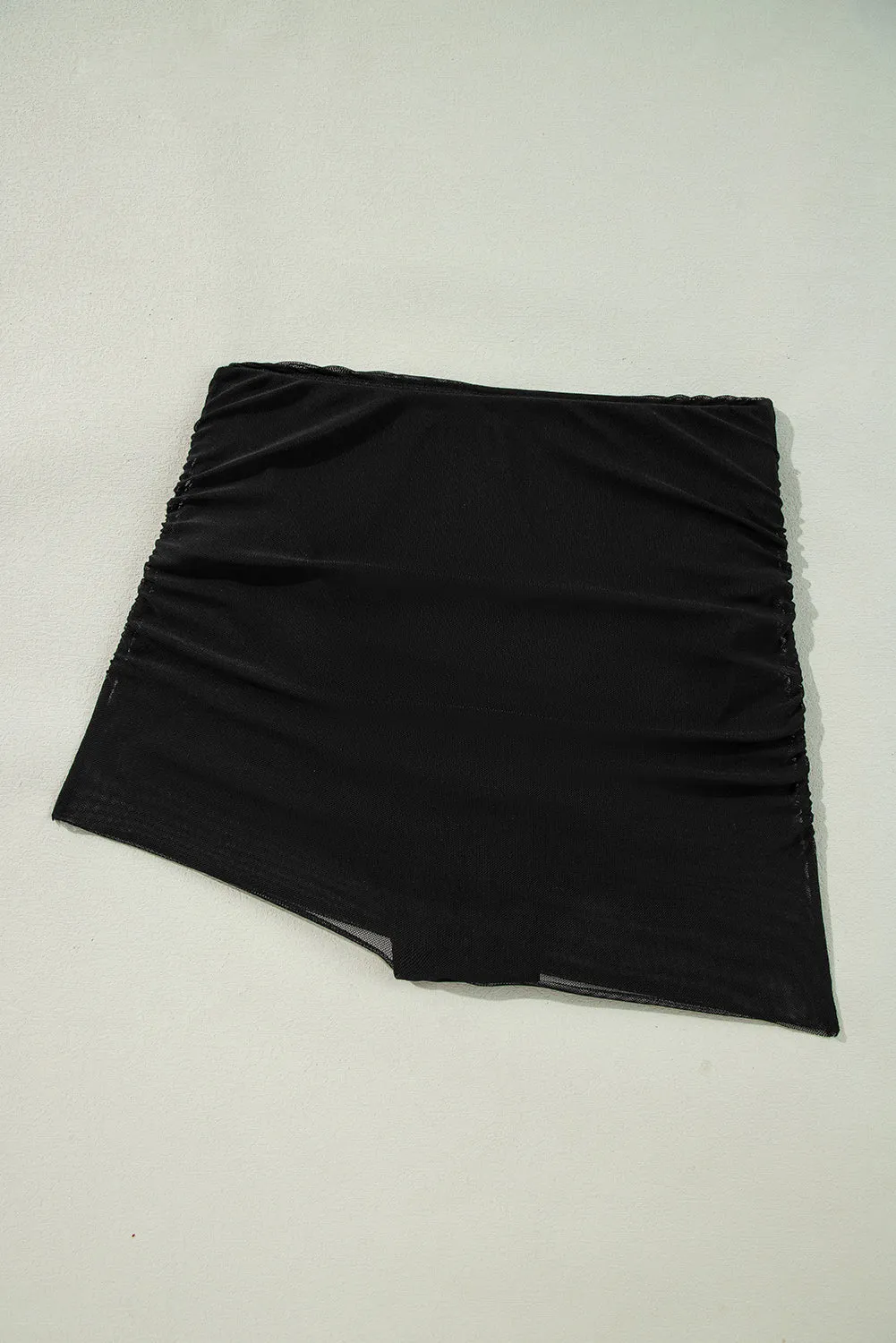 Online Black Pleated Mesh One Shoulder Bikini Top and Skirts Set