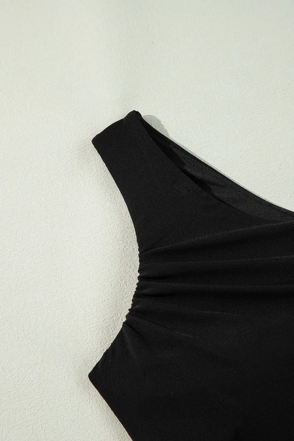 Online Black Pleated Mesh One Shoulder Bikini Top and Skirts Set