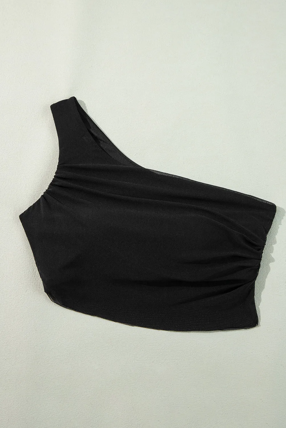 Online Black Pleated Mesh One Shoulder Bikini Top and Skirts Set
