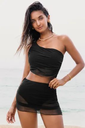 Online Black Pleated Mesh One Shoulder Bikini Top and Skirts Set
