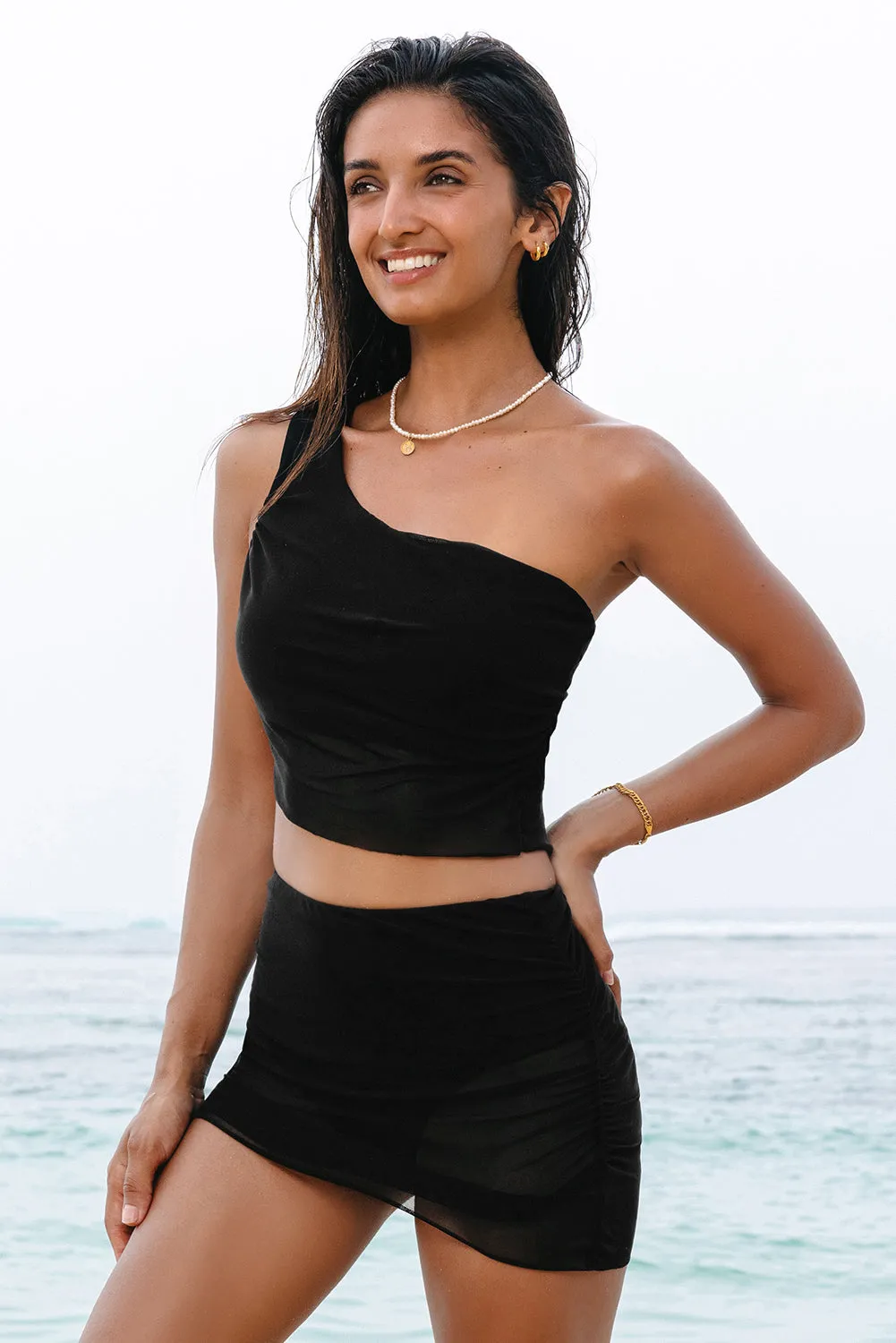 Online Black Pleated Mesh One Shoulder Bikini Top and Skirts Set