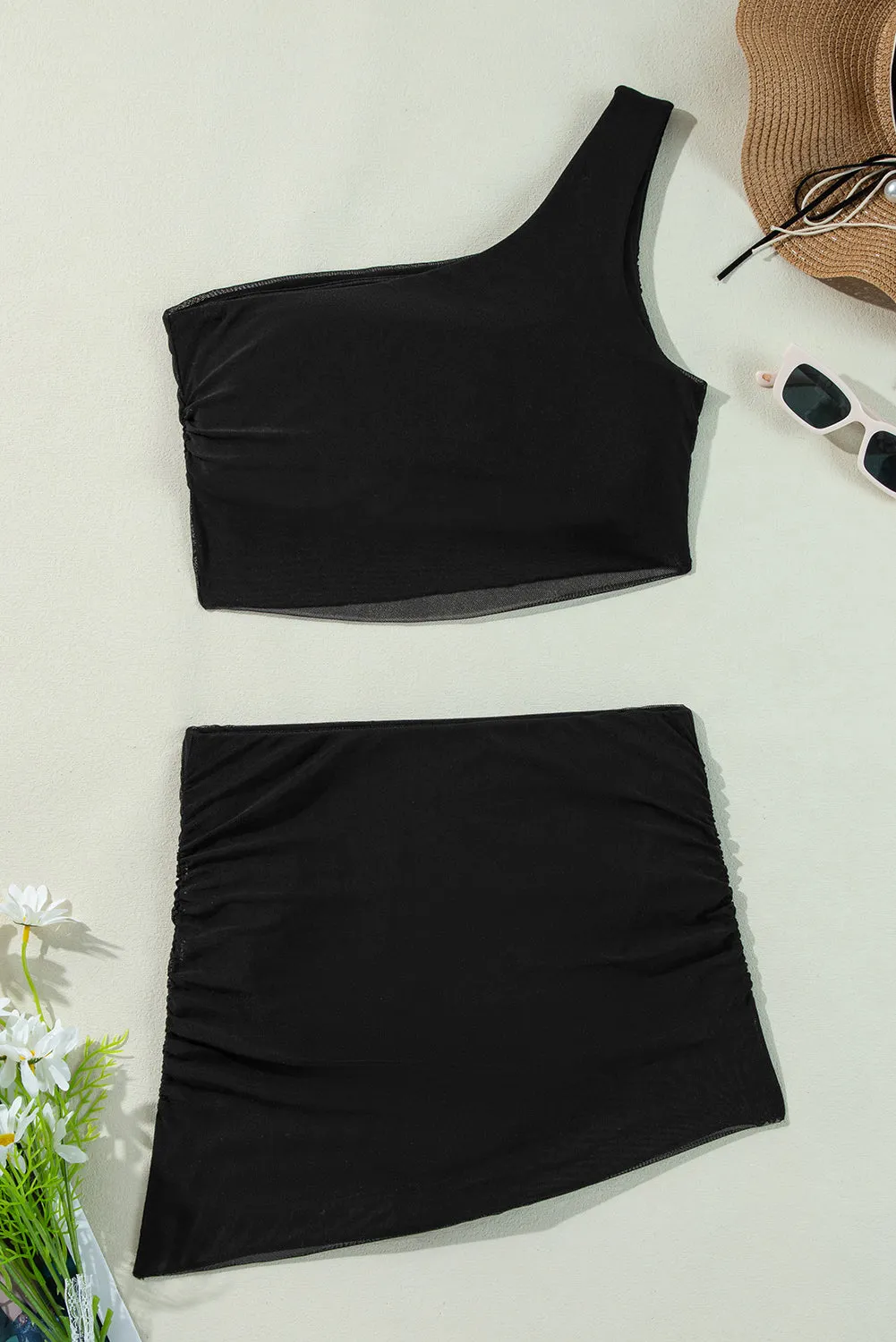 Online Black Pleated Mesh One Shoulder Bikini Top and Skirts Set