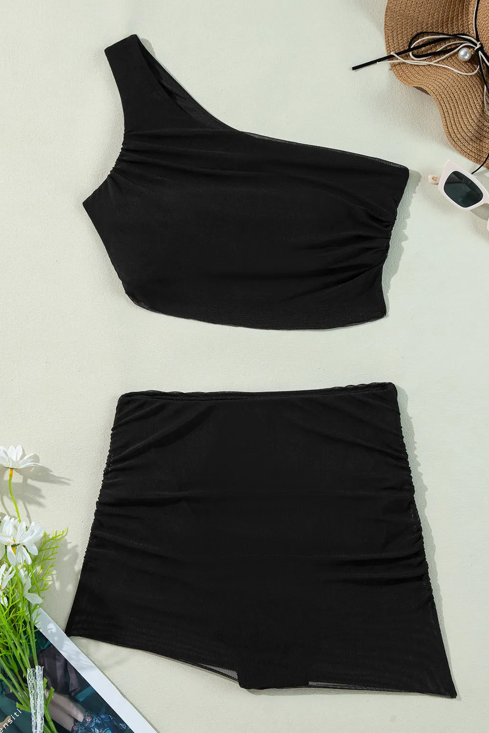 Online Black Pleated Mesh One Shoulder Bikini Top and Skirts Set