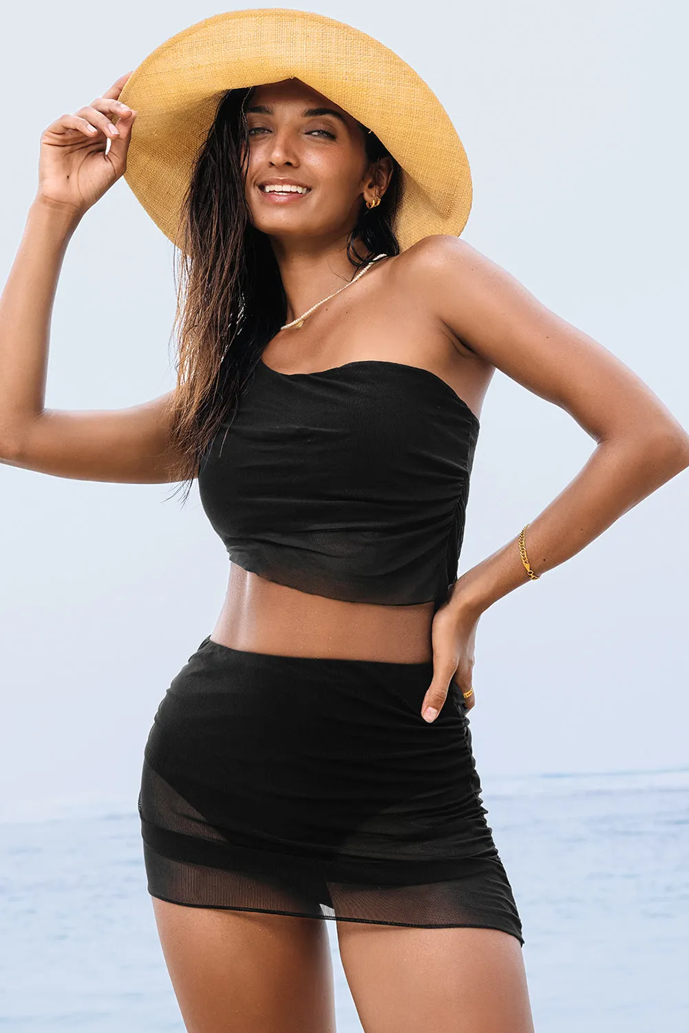 Online Black Pleated Mesh One Shoulder Bikini Top and Skirts Set