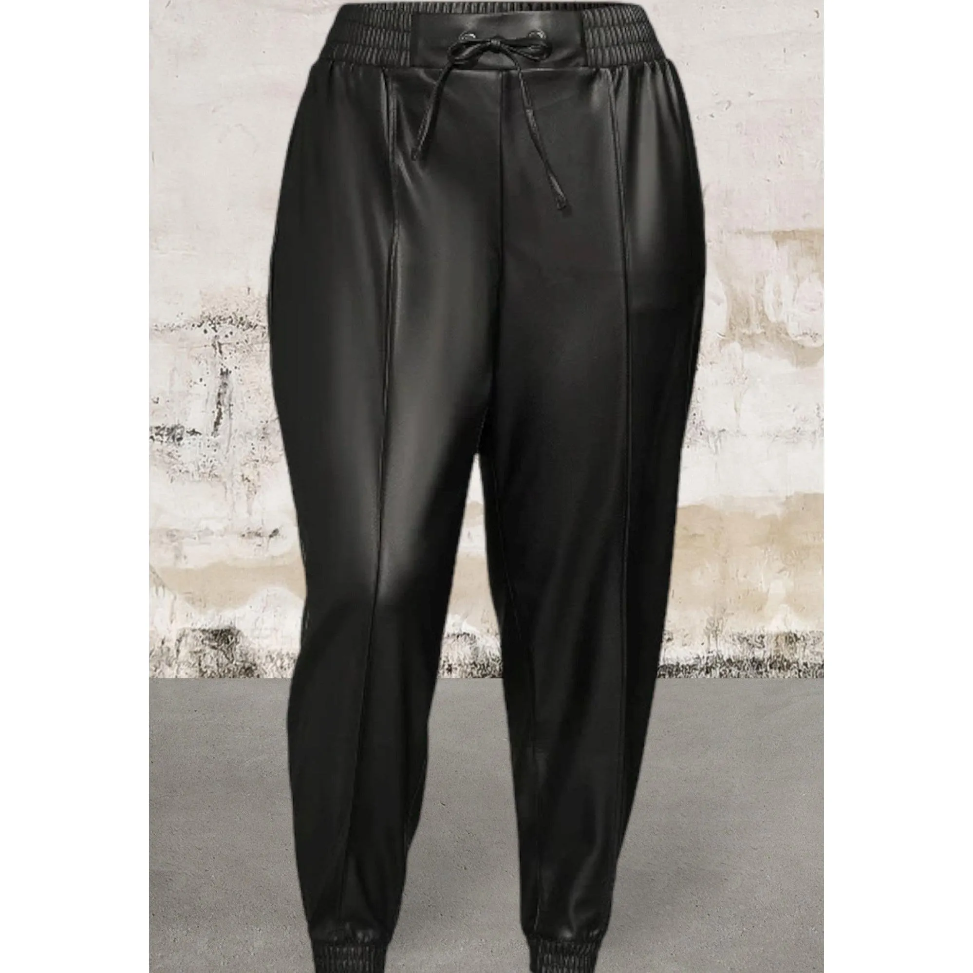 Plus size pintuck elastic waistband faux leather pants