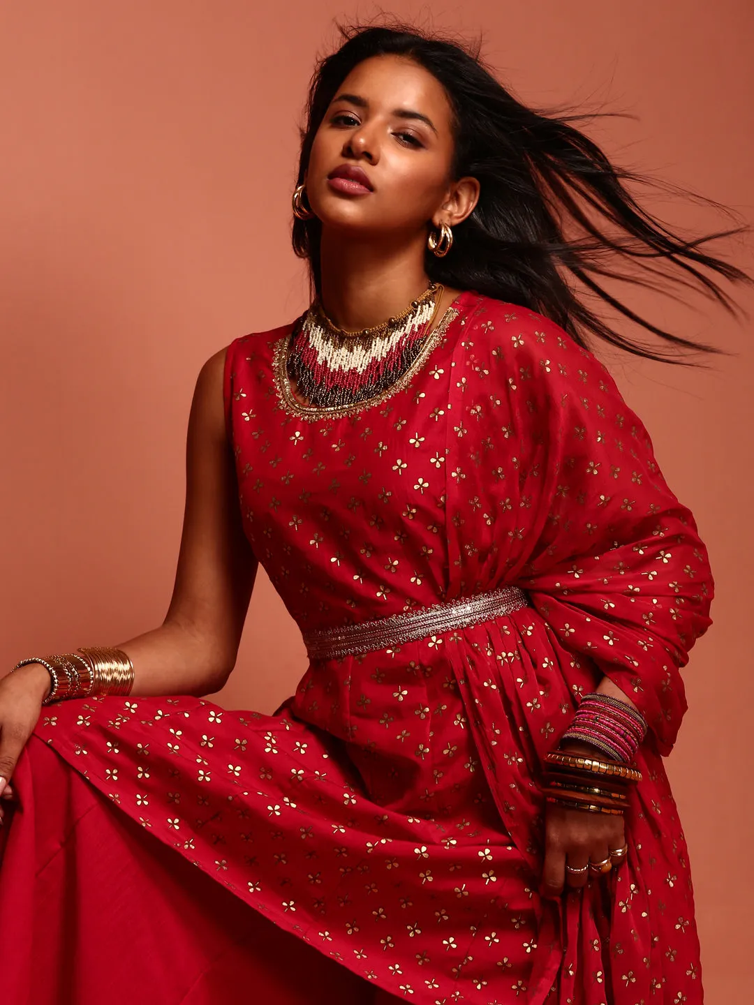Red Printed Stylish Kurta Palazzo Set