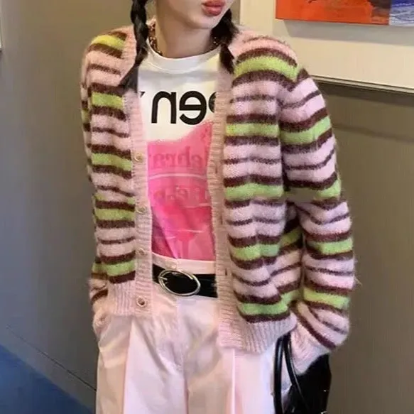 Taika Fuzzy Striped Mohair Knitted Cardigans