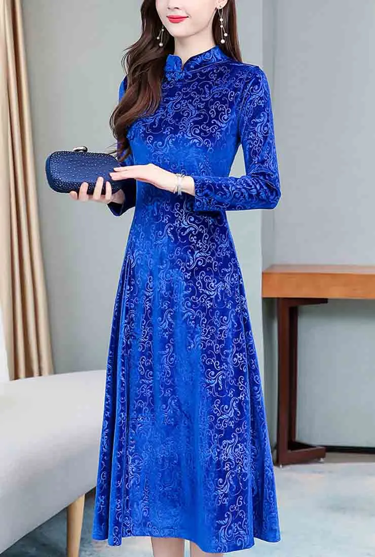 Vintage Velvet Cheongsam Midi Dress