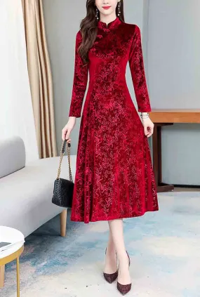 Vintage Velvet Cheongsam Midi Dress