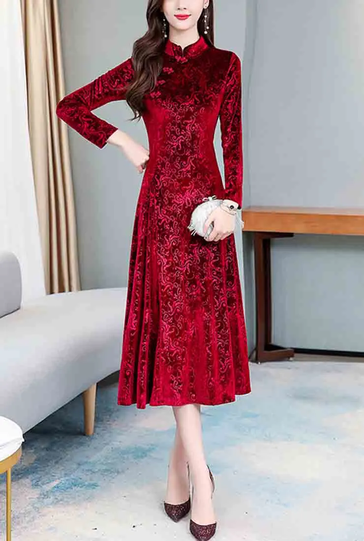 Vintage Velvet Cheongsam Midi Dress