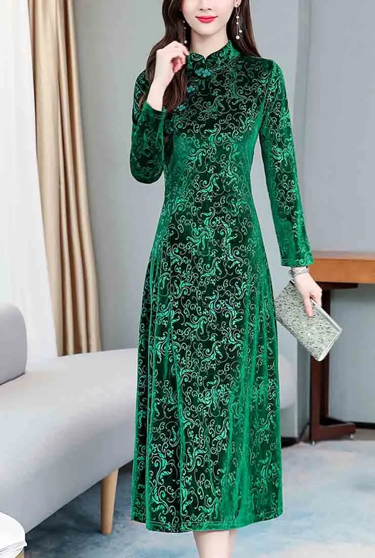 Vintage Velvet Cheongsam Midi Dress