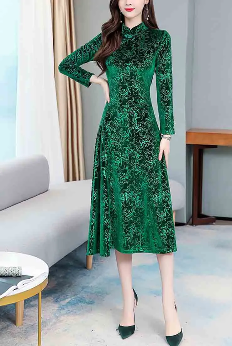 Vintage Velvet Cheongsam Midi Dress