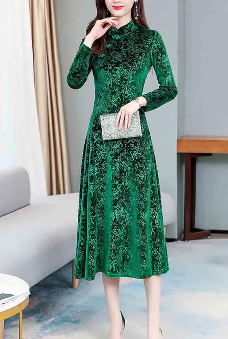 Vintage Velvet Cheongsam Midi Dress