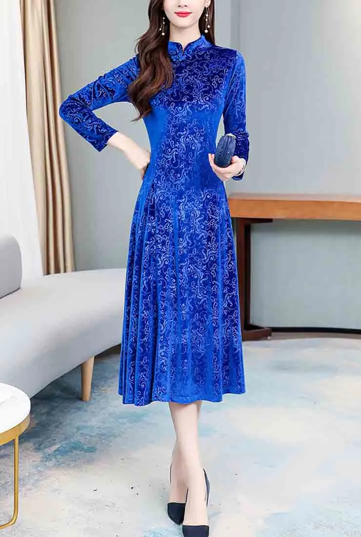 Vintage Velvet Cheongsam Midi Dress