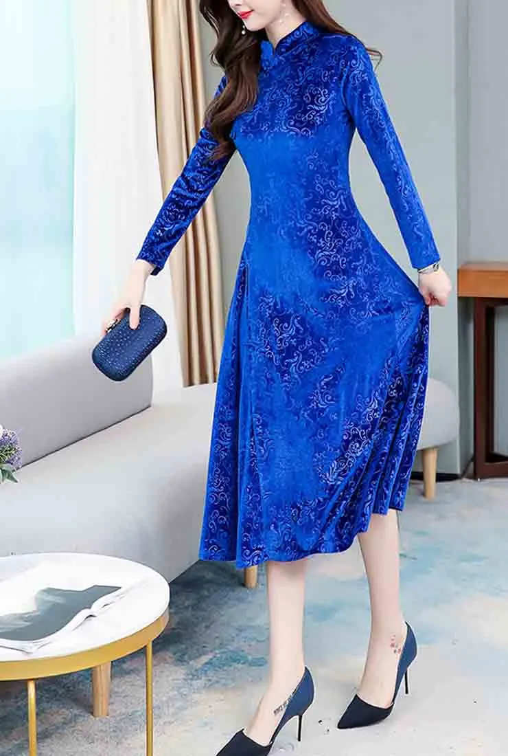 Vintage Velvet Cheongsam Midi Dress
